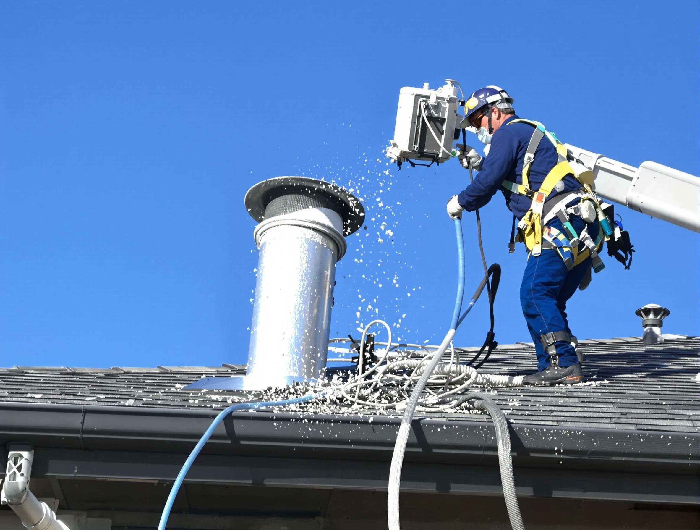 Castle Shannon Dryer Vent Cleaning certified technician safely cleaning a roof-mounted dryer vent in Castle Shannon