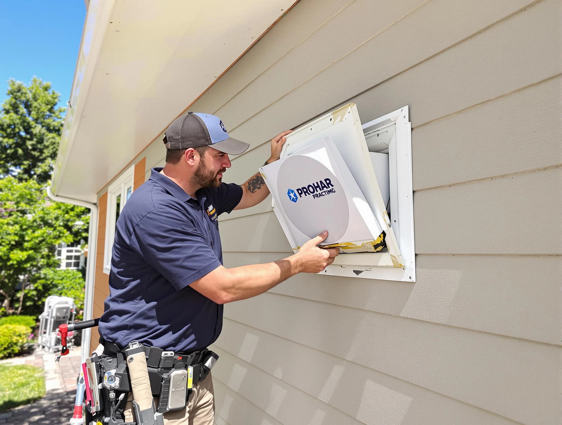 Castle Shannon Dryer Vent Cleaning technician installing a new protective dryer vent cover on a home in Castle Shannon