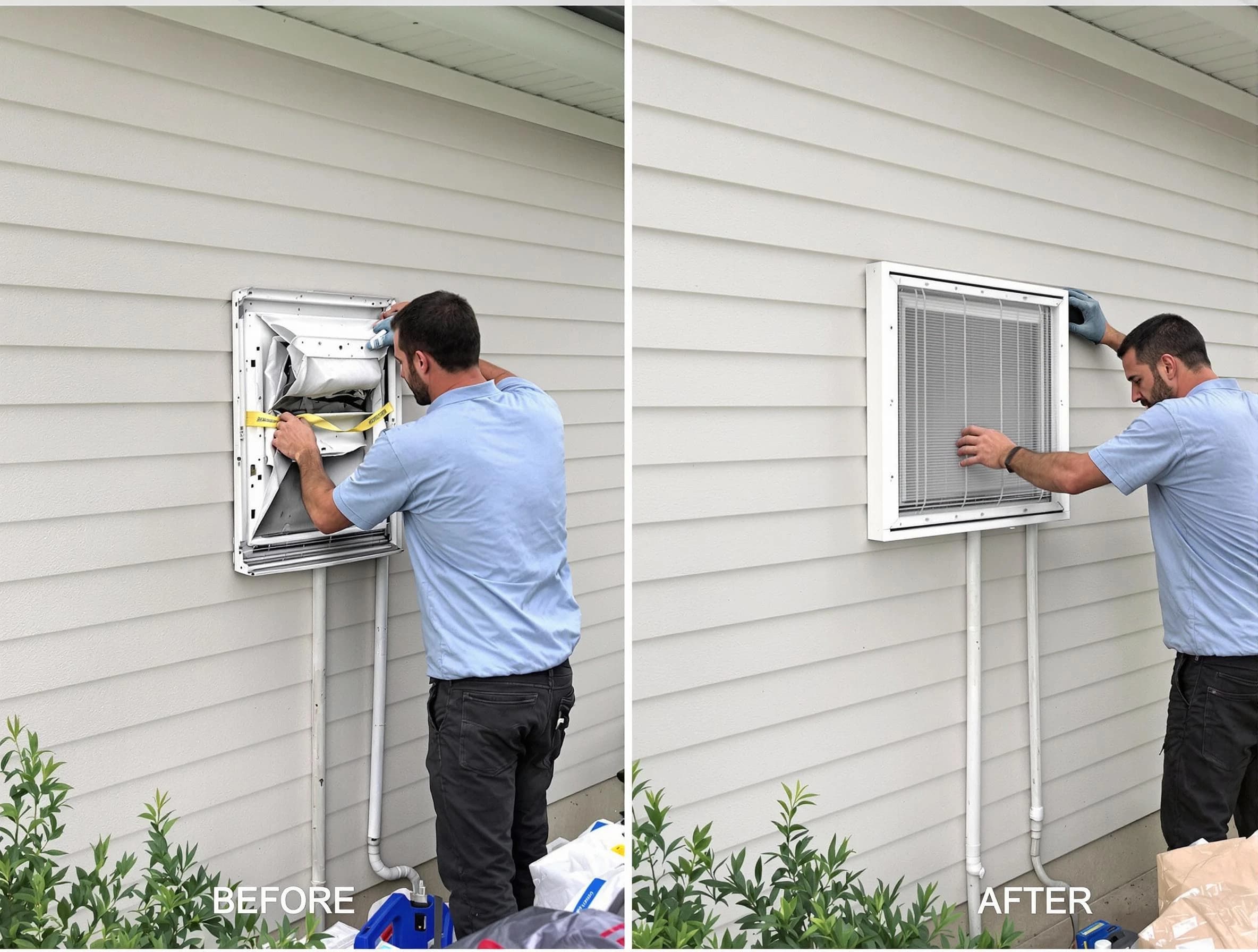 Castle Shannon Dryer Vent Cleaning technician installing high-quality dryer vent cover at a residential property in Castle Shannon